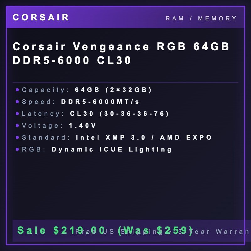 Corsair Vengeance RGB 64GB DDR5-6000 CL30 Corsair Vengeance RGB 64GB DDR5-6000 CL30