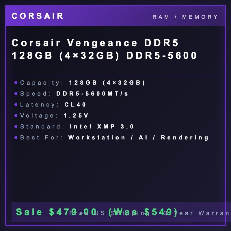 Corsair Vengeance DDR5 128GB (4×32GB) DDR5-5600 Corsair Vengeance DDR5 128GB (4×32GB) DDR5-5600